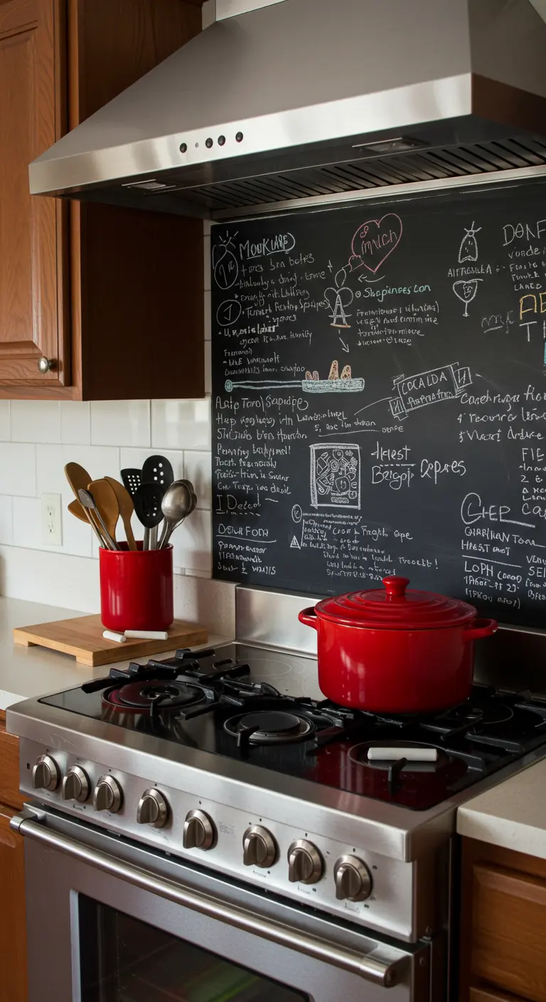 RVS fornuis met een grote krijtbord achterwand volgeschreven met menu's.