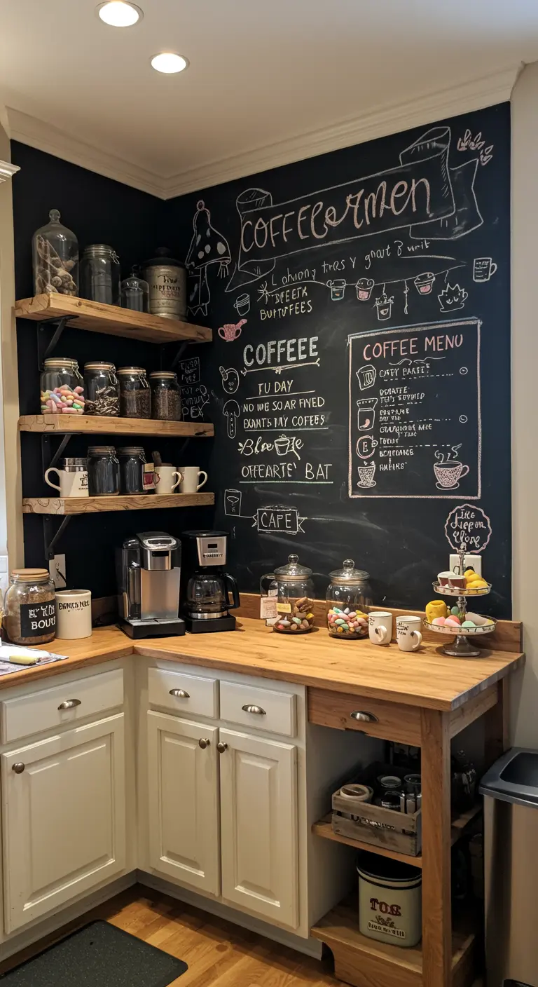 Koffiecorner met een grote krijtbordmuur vol tekeningen en menu-items, houten planken en koffiemachines.