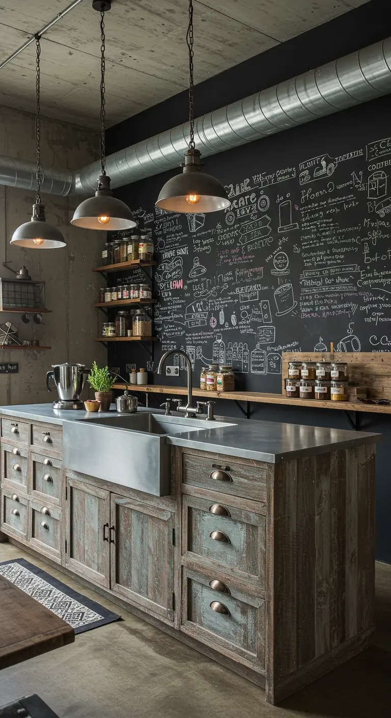 Industriële keuken met een grote krijtbordmuur, houten kasten en metalen hanglampen.