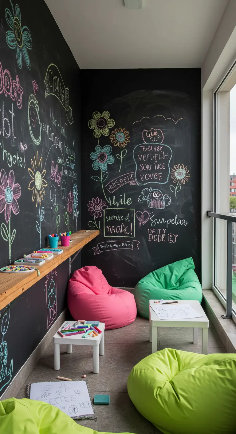 Balkon met muren van krijtbordverf, kleurrijke tekeningen en zitzakken.