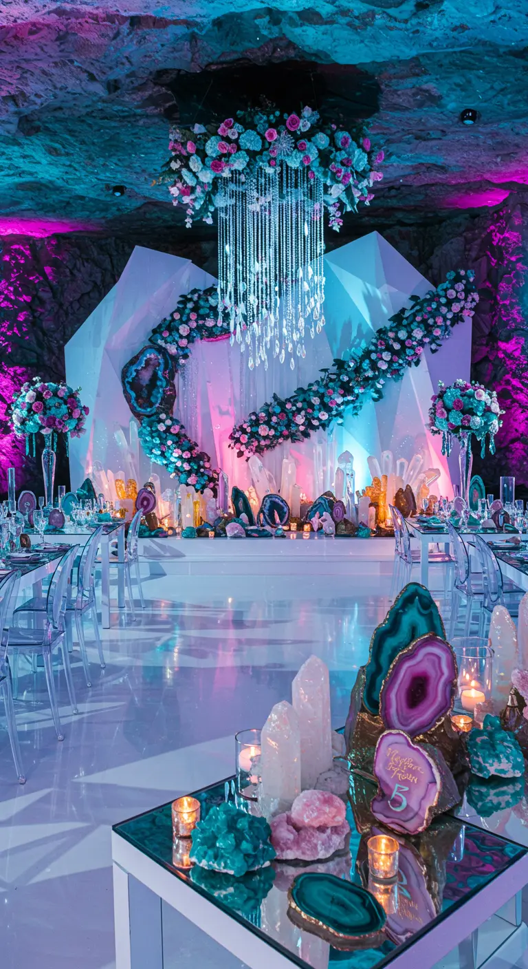 Bruiloft met geode en kristal thema, kleurrijke verlichting en bloemen.