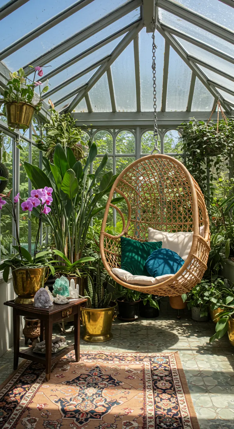 Rotan egg chair in een kas vol tropische planten, messing potten en kristallen.