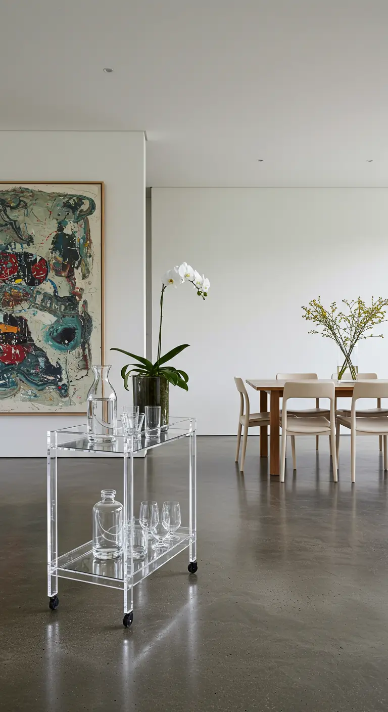 Transparante acrylen keukentrolley met glazen en een witte orchidee in een modern interieur.
