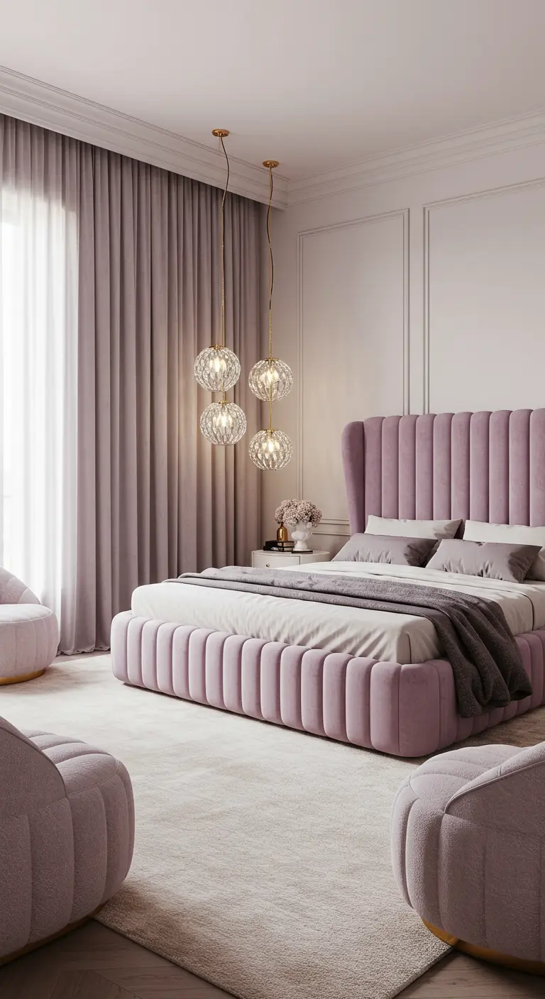 Mauve slaapkamer met geribbeld bed, kristallen hanglampen, bijpassende fauteuils en klassieke panelen.
