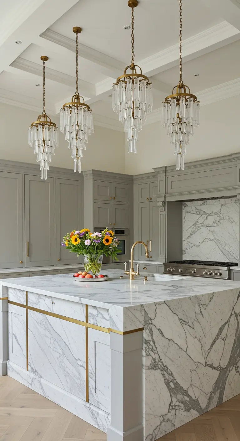 Elegante keuken met grijs-wit marmeren kookeiland, gouden details en kristallen kroonluchters.