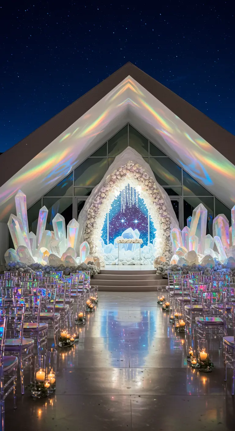 Moderne ceremonie met grote verlichte kristaldecoraties en iriserende kleuren.