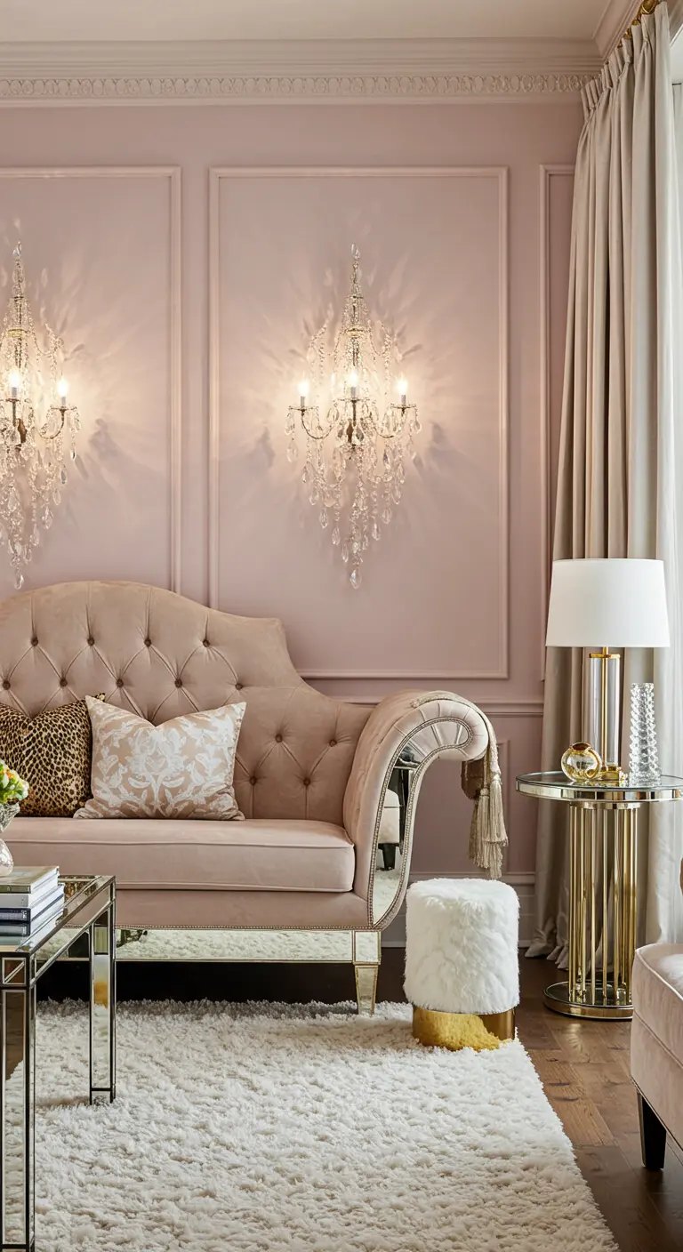 Roze woonkamer in Hollywood Regency stijl met kristallen wandlampen.