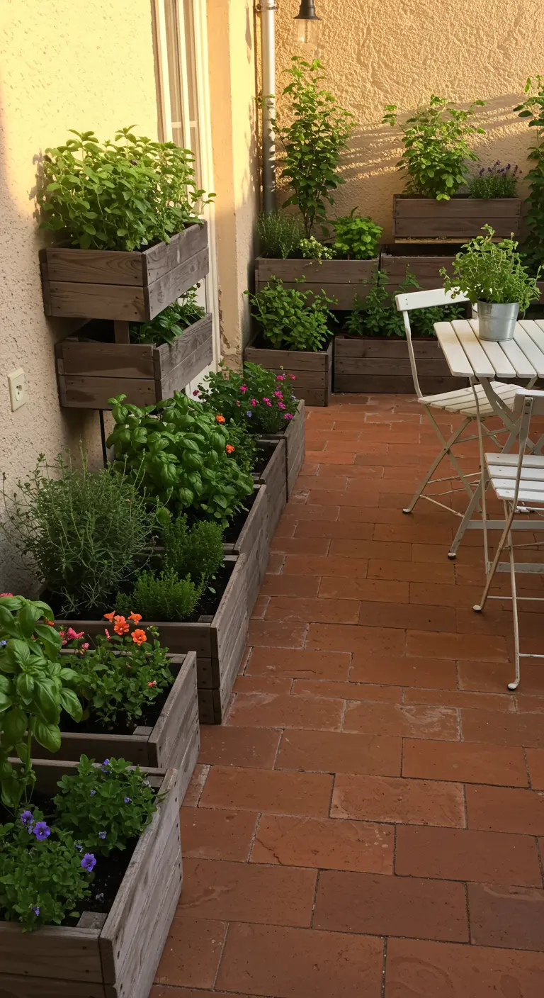 Terracotta terrastegels met trapsgewijs geplaatste houten plantenbakken langs de muur, gevuld met kruiden en bloemen.