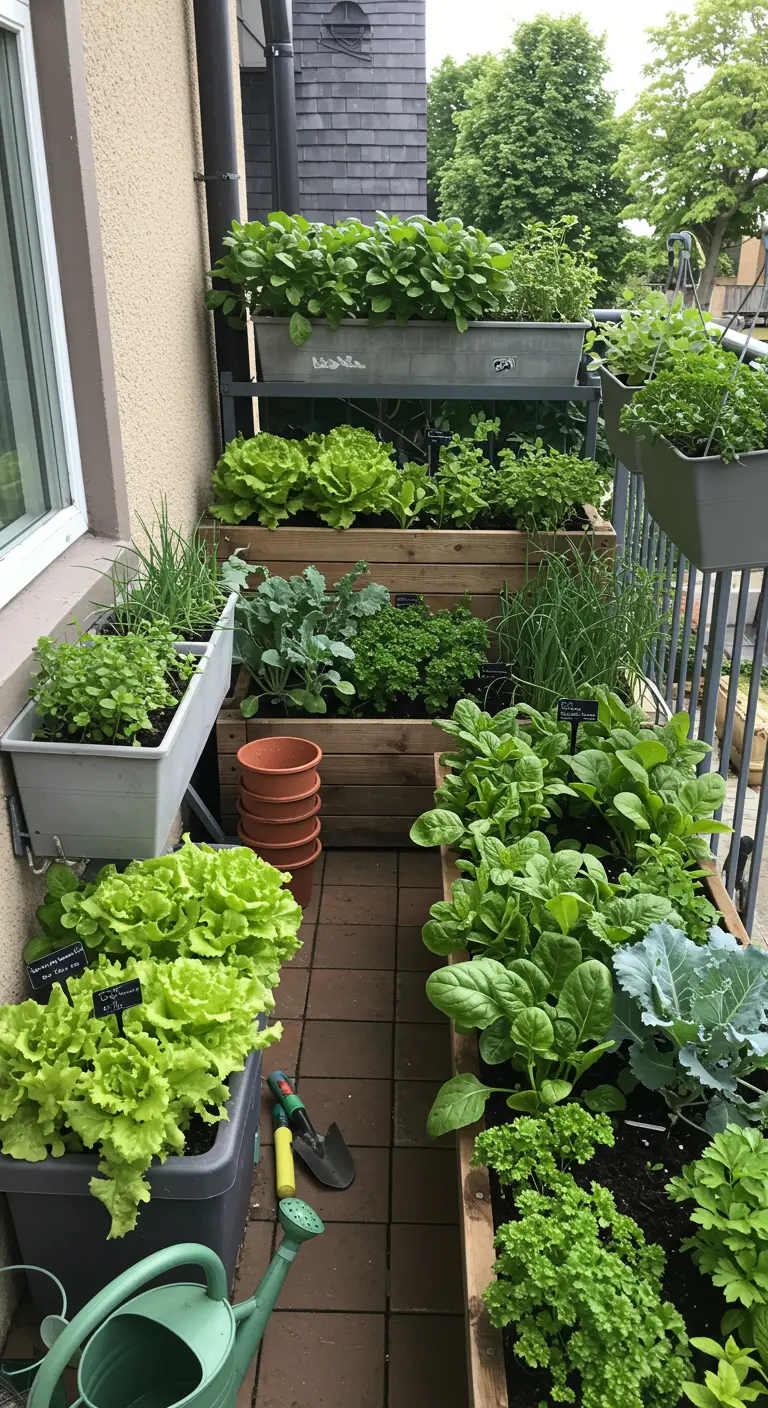 Balkonmoestuin met bakken vol sla, peterselie, munt en andere kruiden die schaduw verdragen.