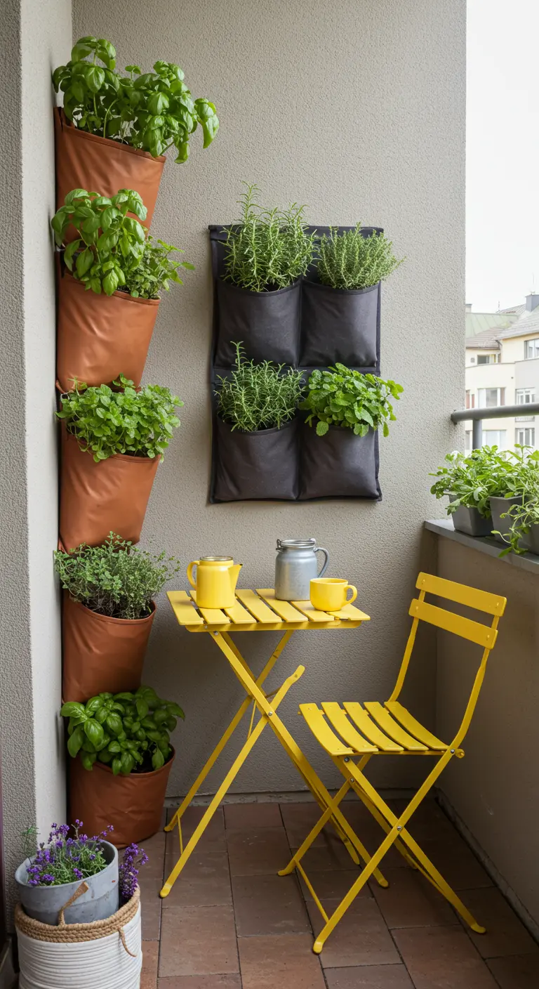 Klein balkon met verticale kruidentuin in leren en stoffen zakken, en een geel bistrosetje.