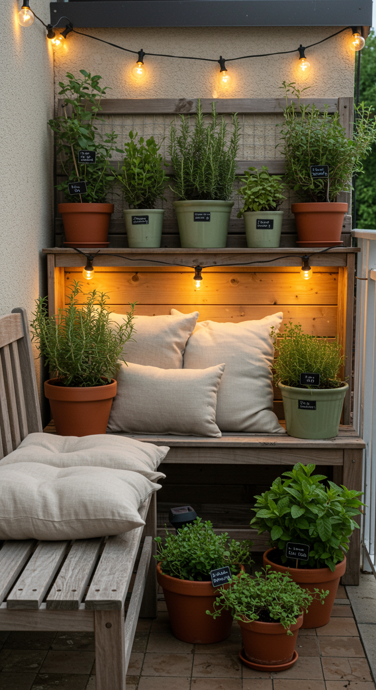 Balkon met houten bankje en kruidenwand erboven, verlicht met lichtslinger.