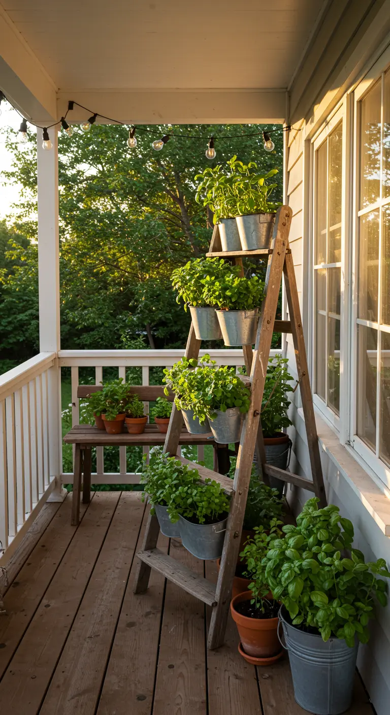 Houten ladder op veranda met zinken emmers vol verse kruiden.