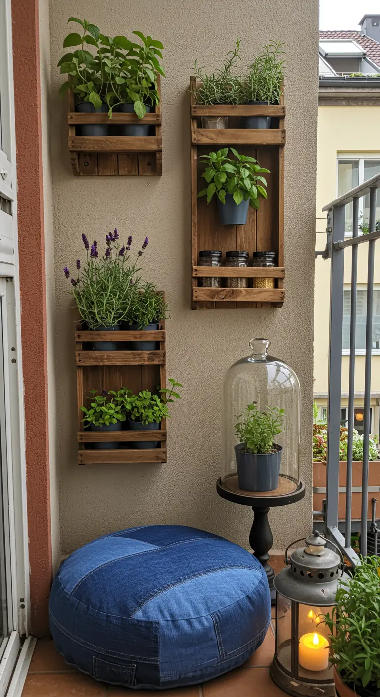 Balkon met houten wandrekken voor kruiden, denim poef en een glazen stolp met plant.