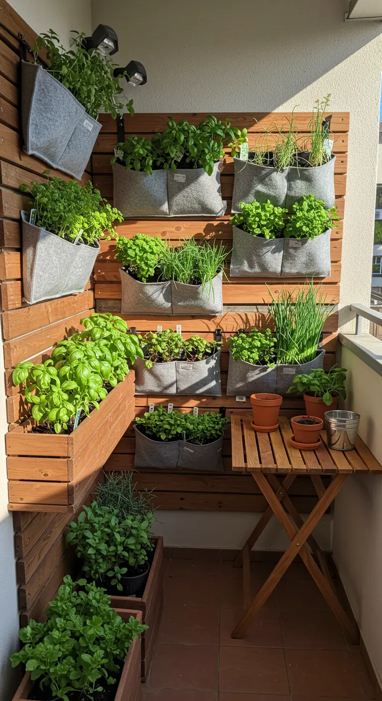 Verticale kruidentuin op een balkon met houten panelen en plantzakken.