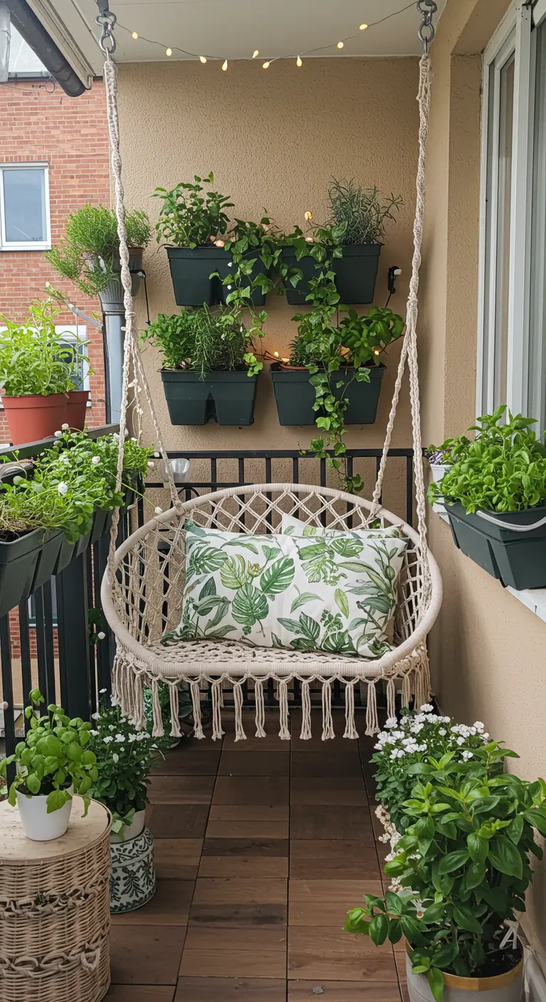Macramé hangstoel op balkon met verticale kruidentuin en planten.