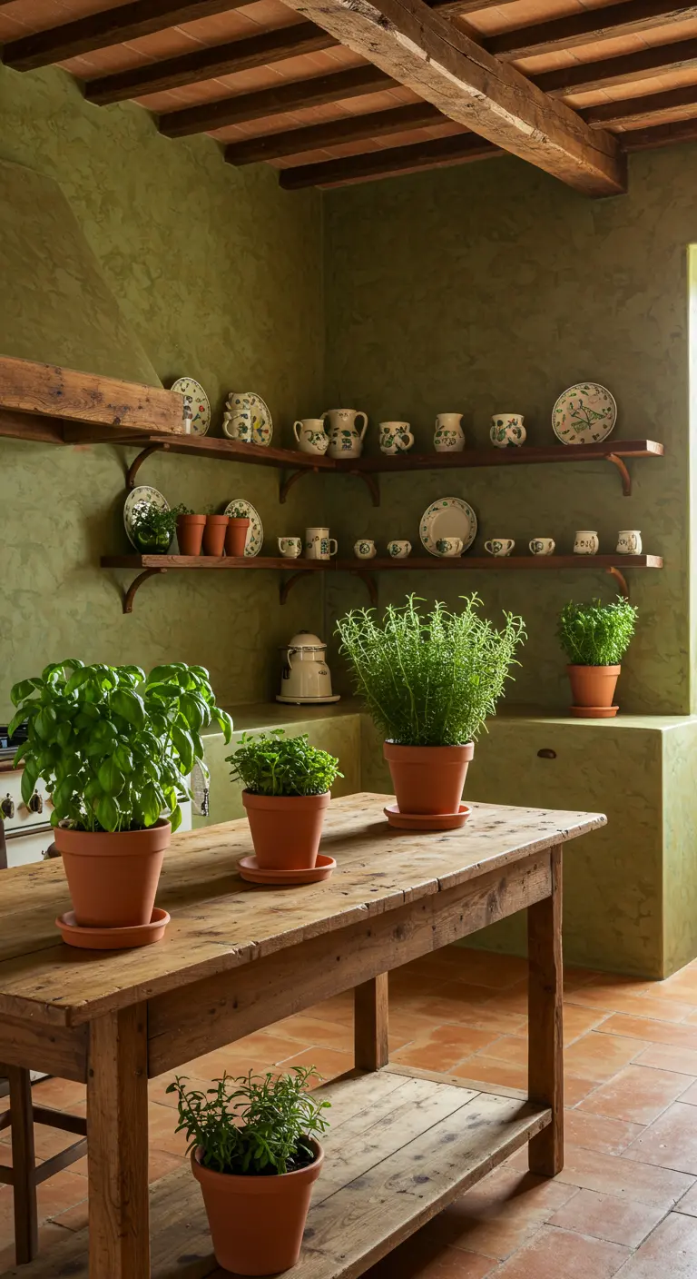 Rustieke eettafel in een olijfgroene keuken, vol met diverse kruiden in terracotta potten.