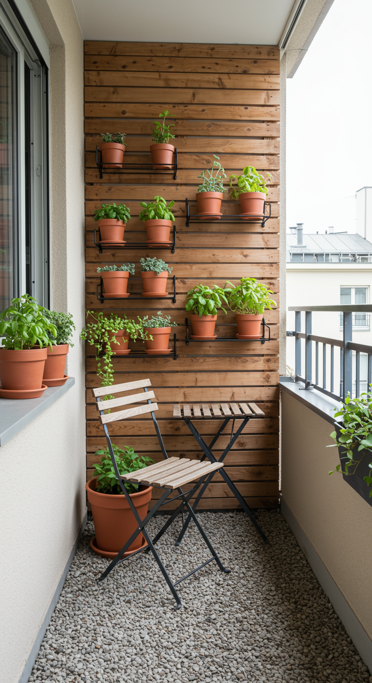 Balkon met houten wandrek vol terracotta potten met kruiden, en een klein bistrosetje.
