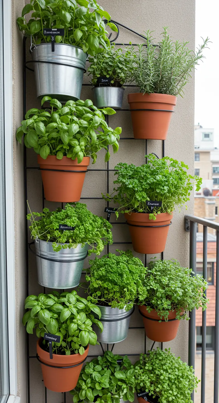 Metalen wandrek met diverse kruiden in terracotta potten en zinken emmers.