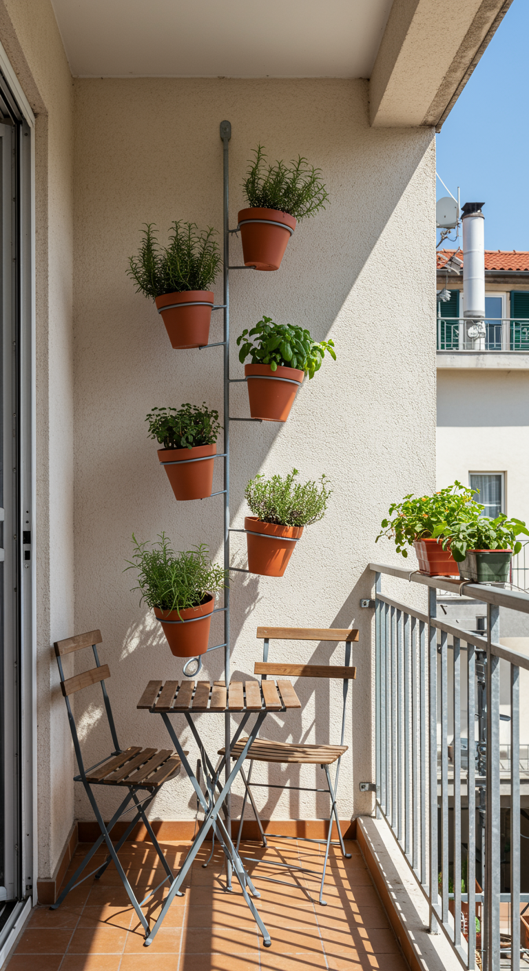 Smal balkon met metalen rek aan de muur met terracotta potten vol kruiden.