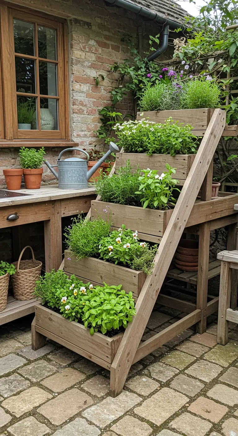 Houten etagère plantenbak gevuld met diverse kruiden en kleine bloemen, naast een gieter.