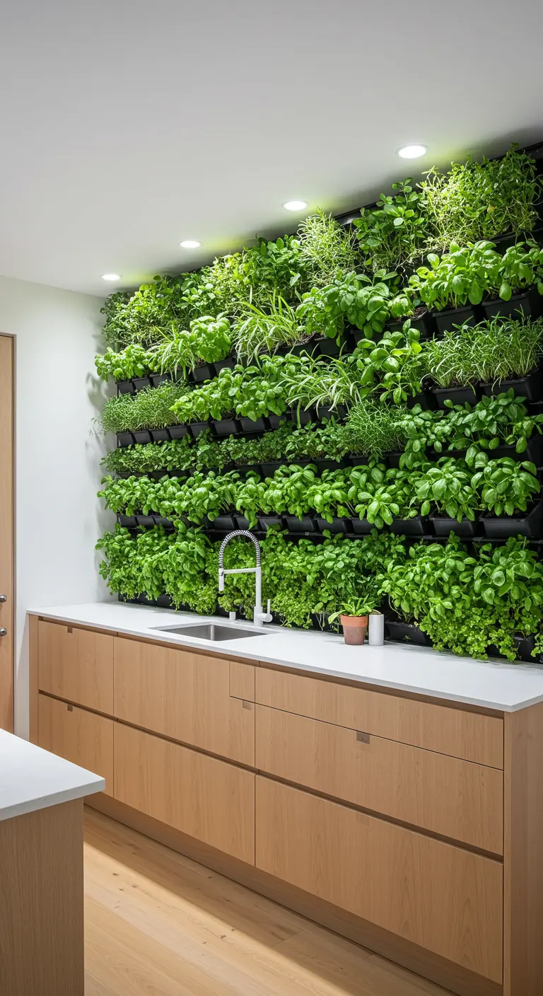 Moderne keuken met een grote verticale kruidentuin als achterwand boven het aanrecht.