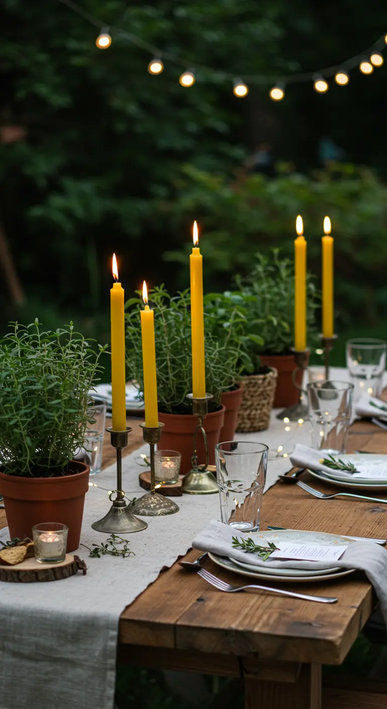 Tuintafel gedecoreerd met potten verse kruiden, gele kaarsen en een lichtslinger.