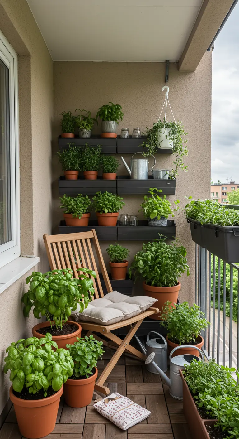 Houten inklapbare schommelstoel op een balkon omringd door potten met kruiden en een verticale tuin.