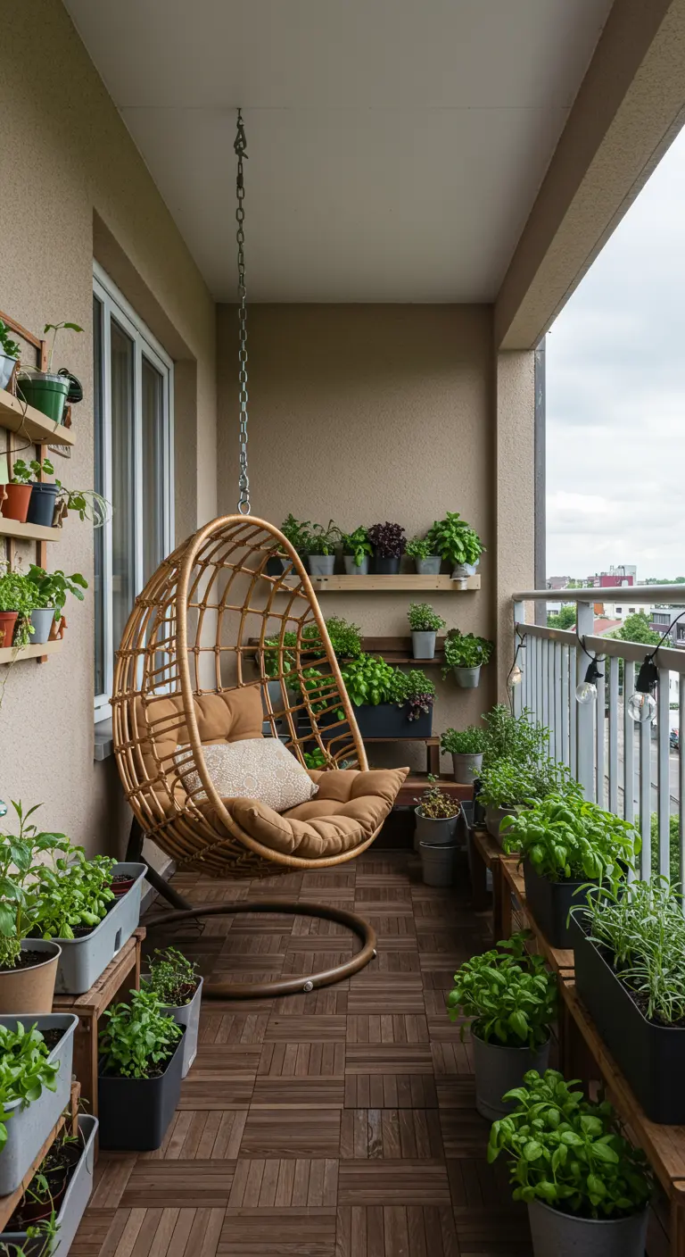 Sfeervol balkon 26 met rotan hangstoel en een verticale kruidentuin