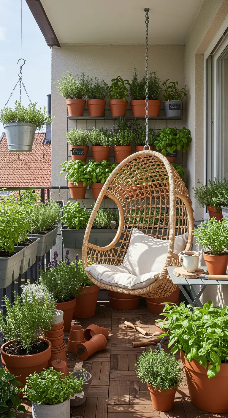 Rotan hangstoel op balkon omringd door een overvloed aan kruiden in potten en een verticale plantenwand.