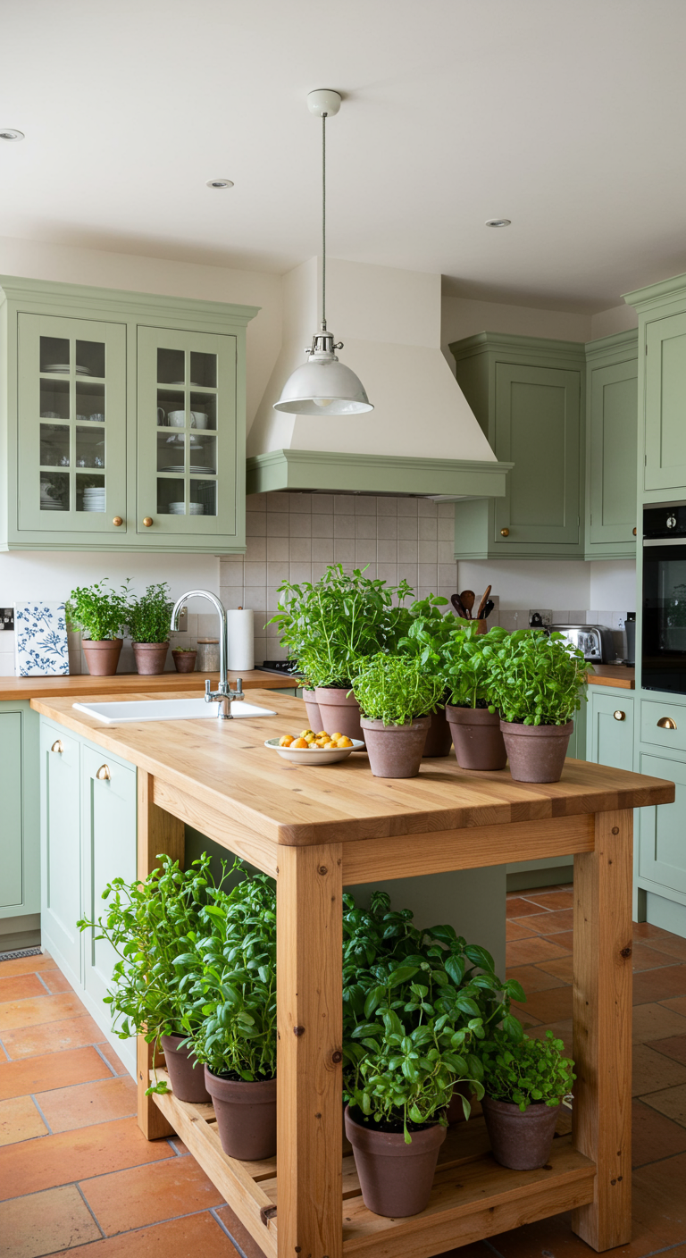 Lichtgroene keuken met houten eiland vol kruidenpotten.