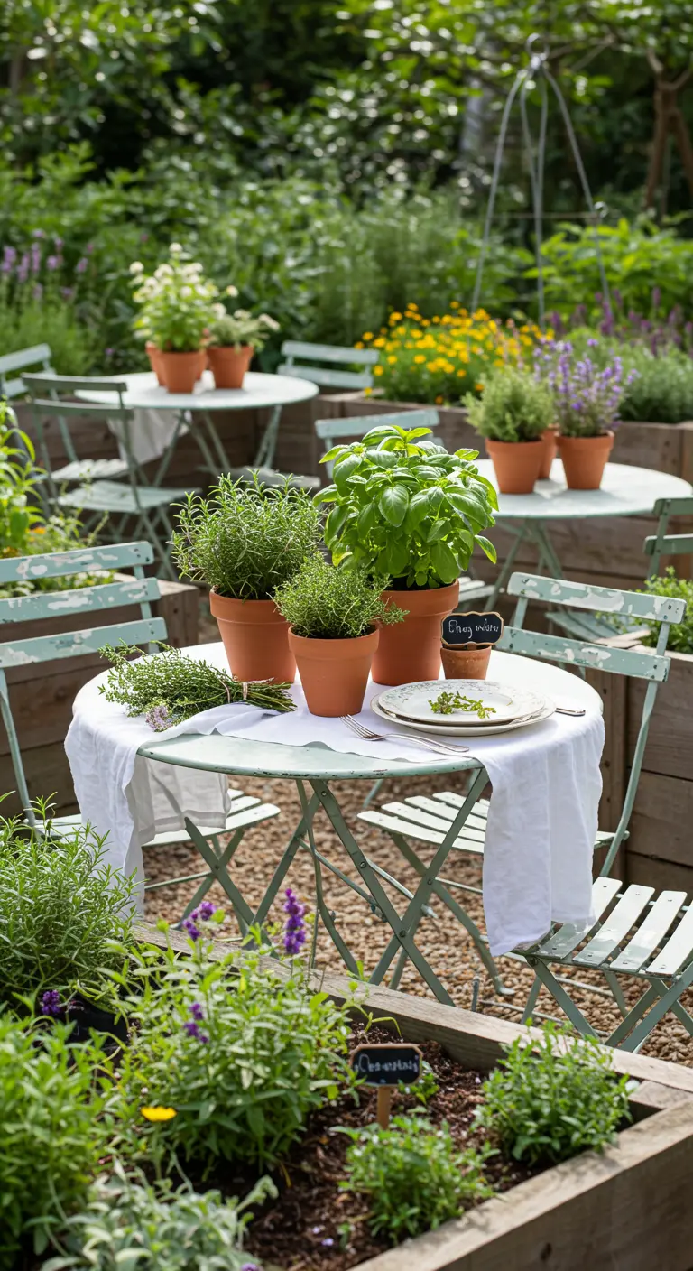 Kleine ronde tafel in tuin met kruidenpotten, labeltjes en eenvoudig servies.