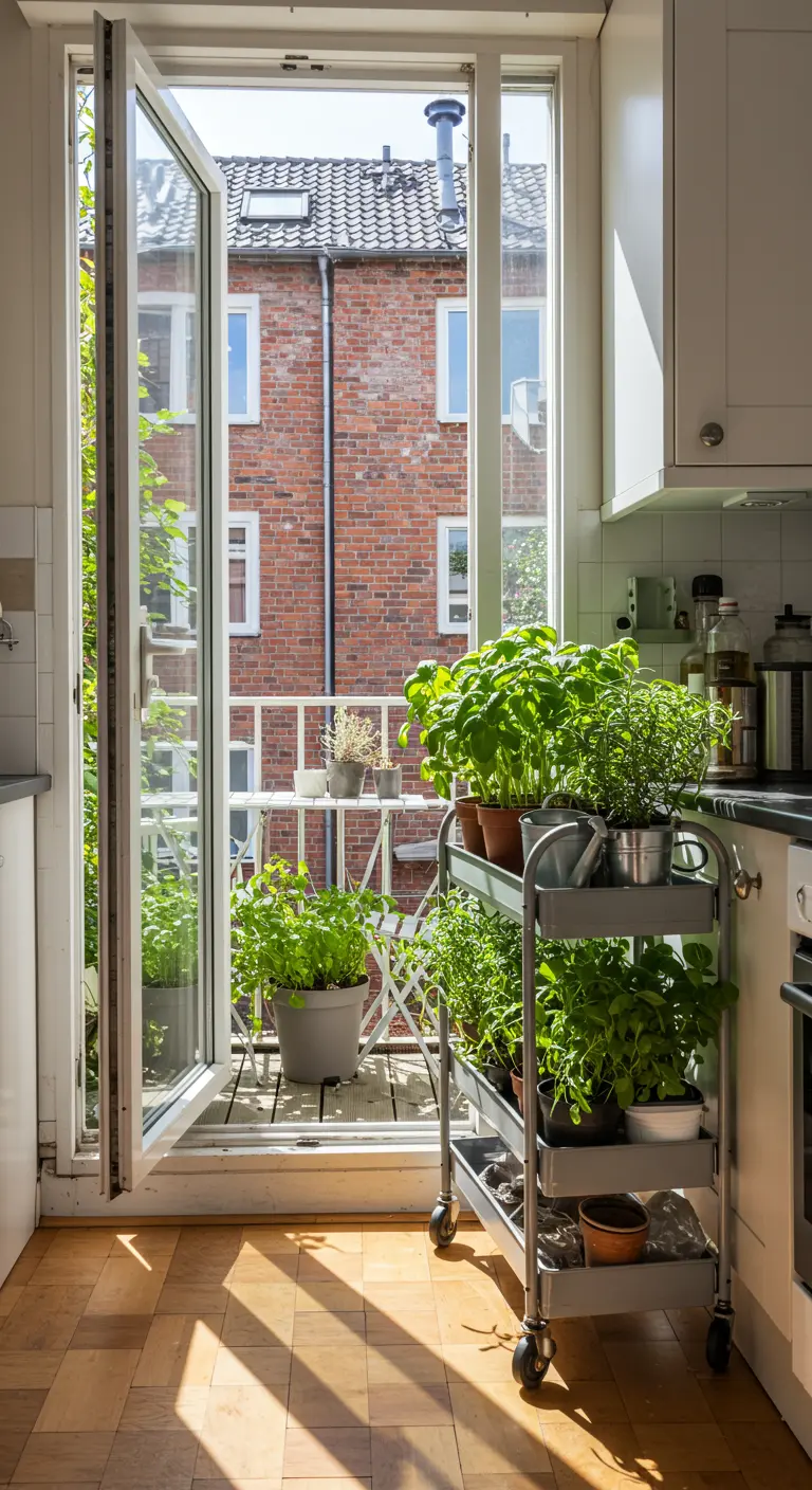 Metalen keukentrolley bij een balkondeur, vol met verse kruiden in potten zoals basilicum en munt.