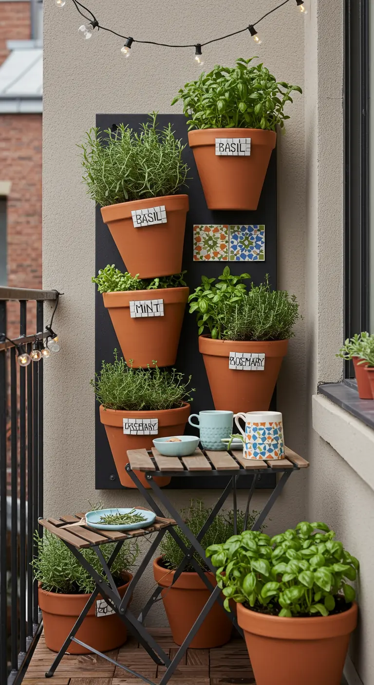 Verticale kruidentuin met terracotta potten en een klein accent van kleurrijke mozaïektegels.