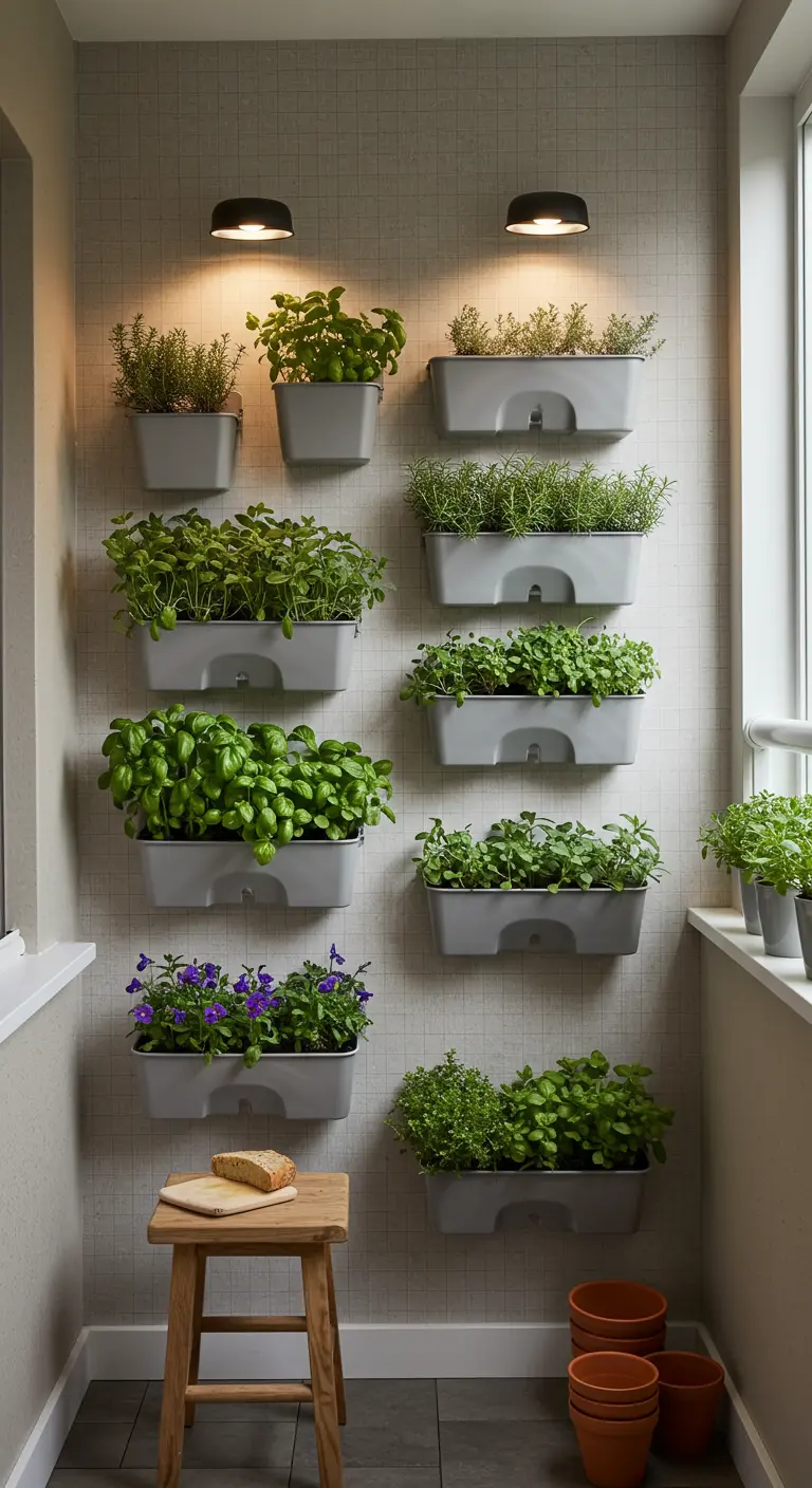Balkon met verticale kruidenwand, hangpotten met verse kruiden en een houten krukje.