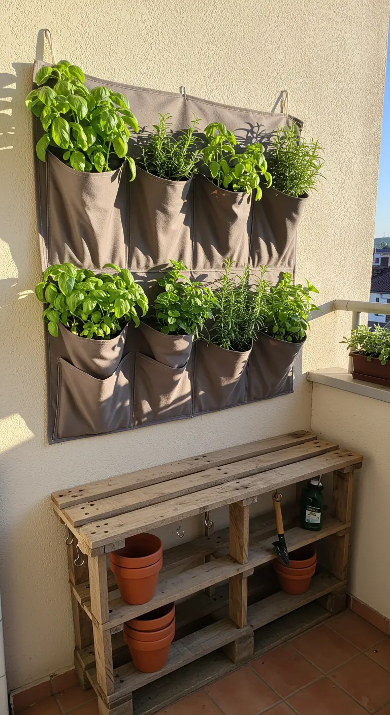 Hangende stoffen plantenzakken met kruiden boven een klein palletbankje.