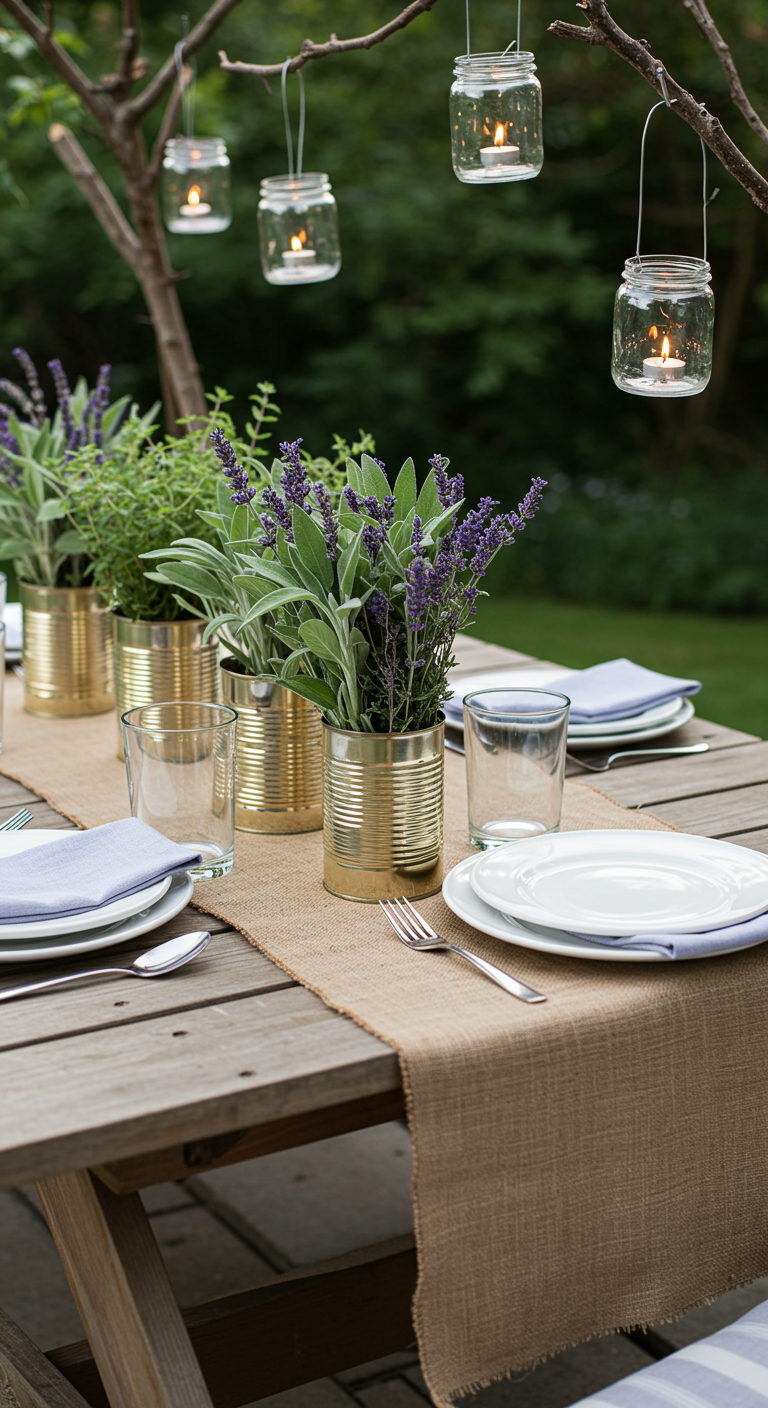 Tuintafel met kruiden in blikken en jampotjes met kaarsen als hangende lantaarns.