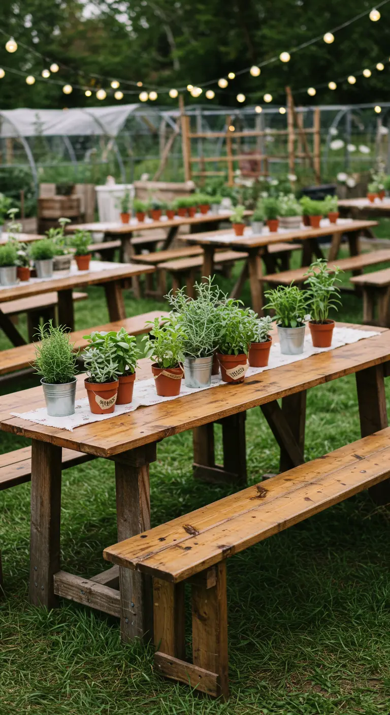 Houten picknicktafels gedecoreerd met diverse potjes verse kruiden als centerpiece.