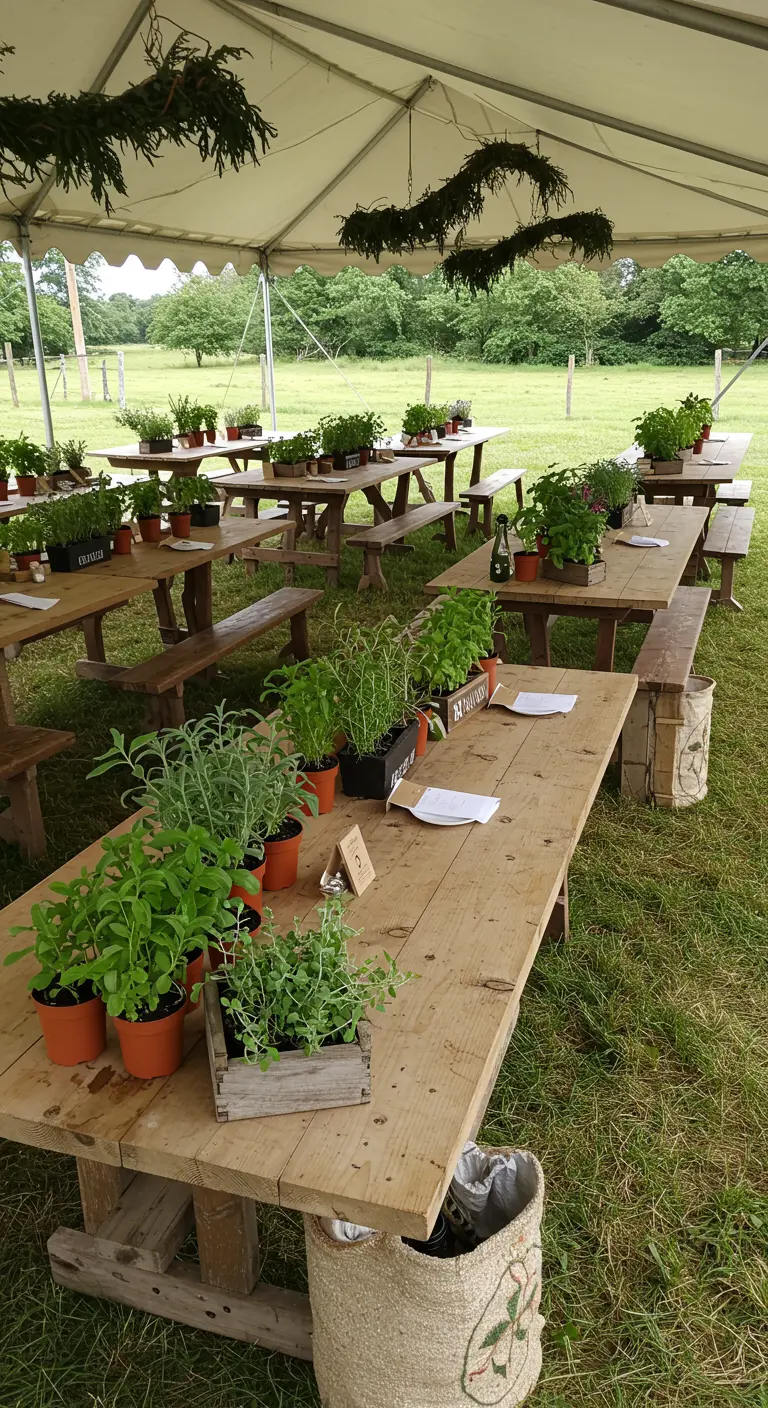 Houten picknicktafels gedecoreerd met diverse kruidenplantjes in potten.