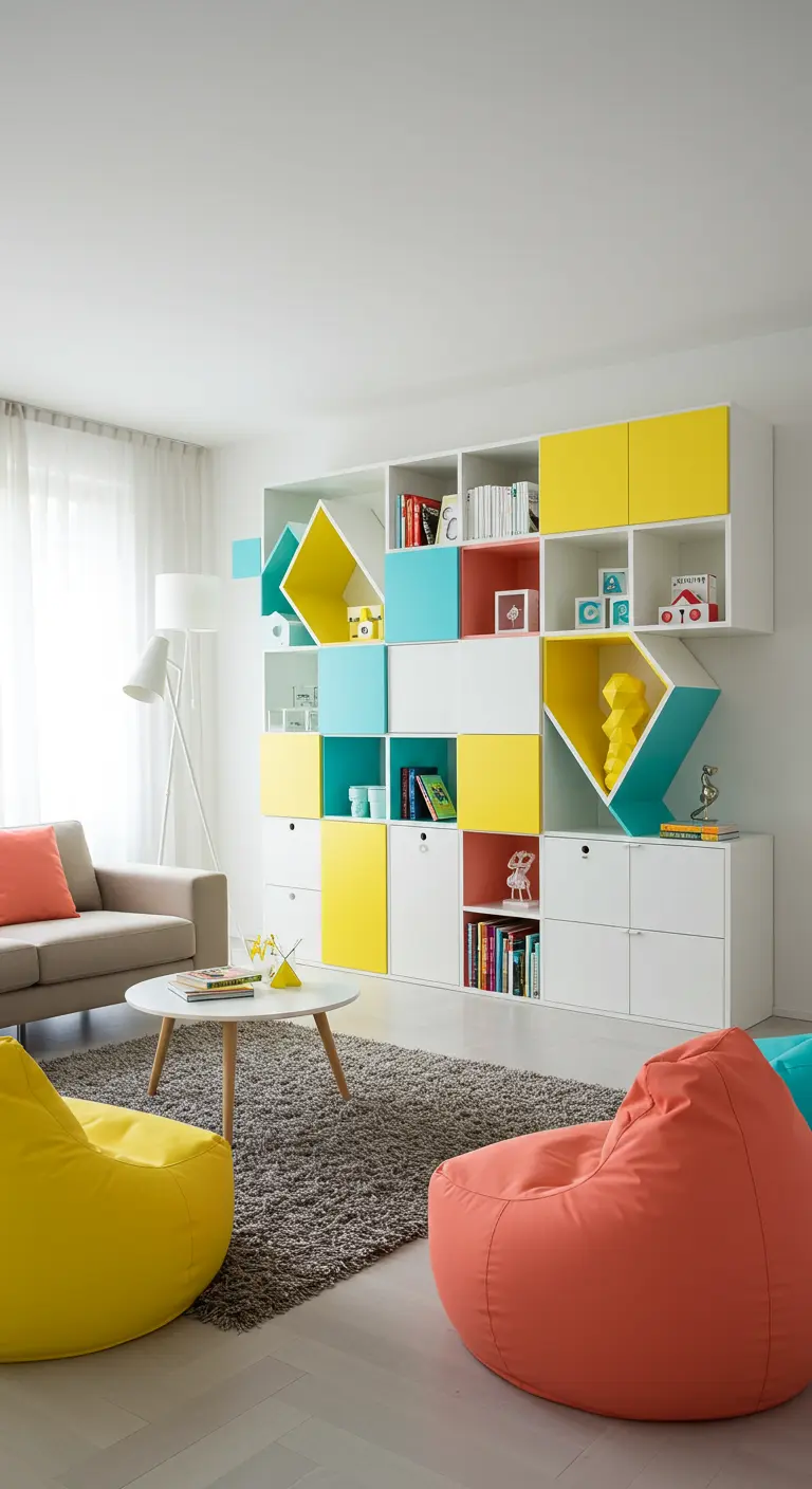 Lichte woonkamer met een wit modulair kastensysteem met speelse, gekleurde vakken.
