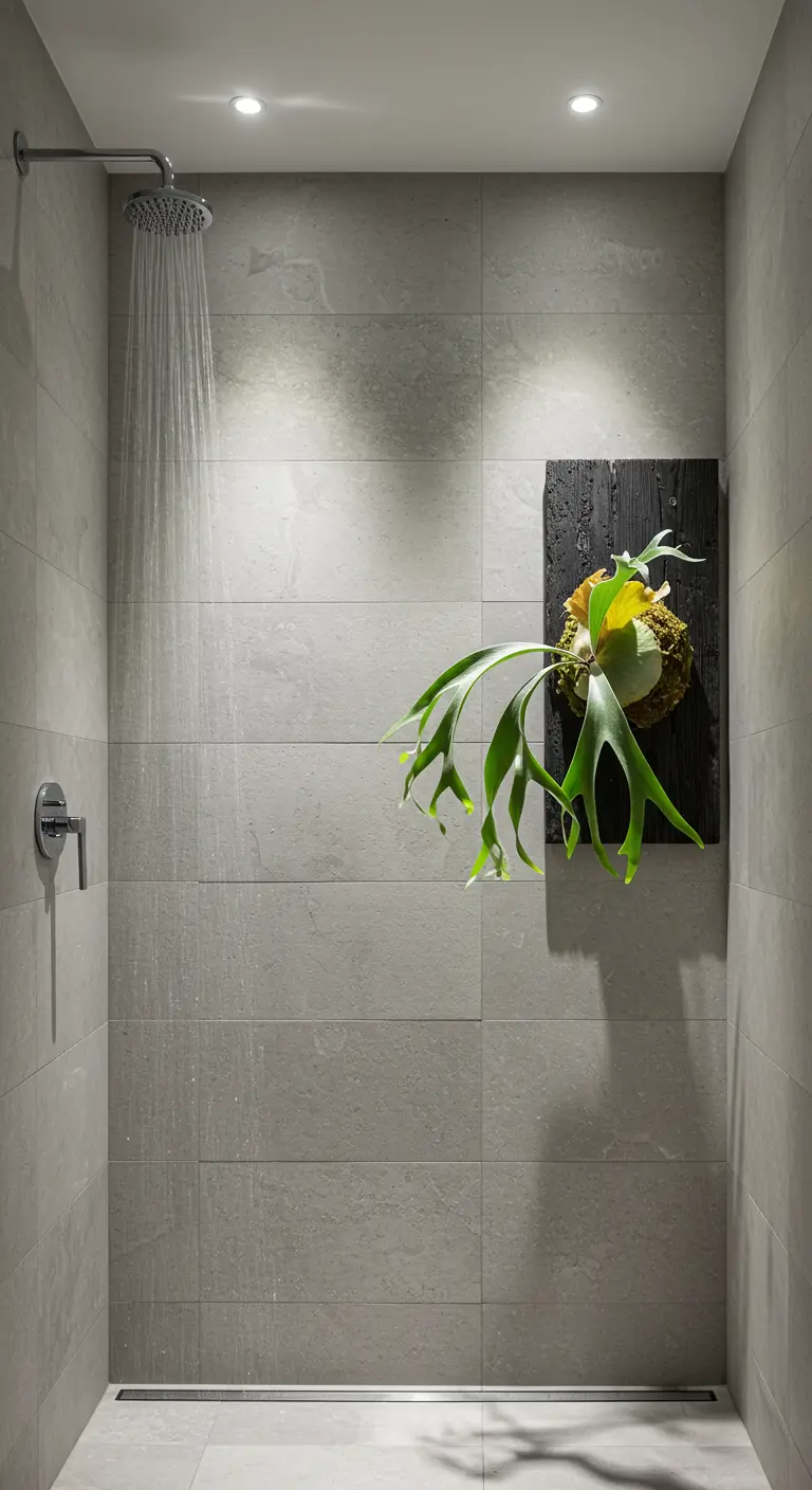 Hertshoornvaren gemonteerd op een houten plank aan de muur in een moderne doucheruimte.