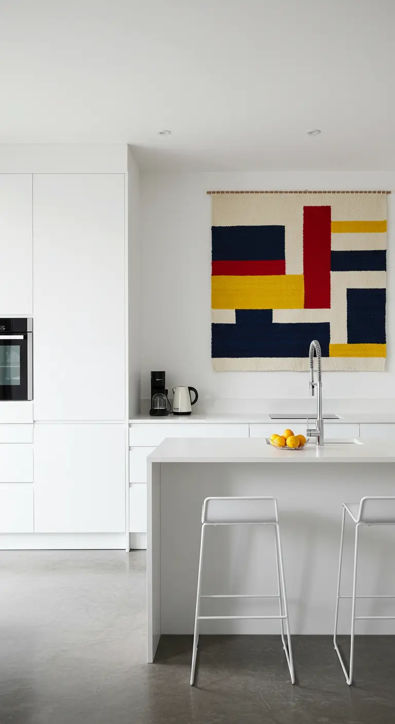 Strakke witte keuken met een kleurrijk, abstract wandkleed in Mondriaan-stijl aan de muur.