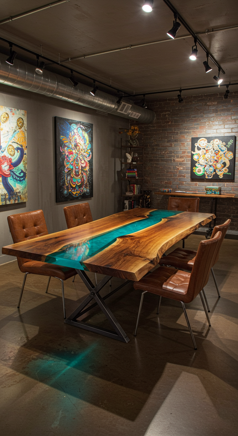 Live-edge houten eettafel met blauwe epoxy 'rivier' en leren stoelen.