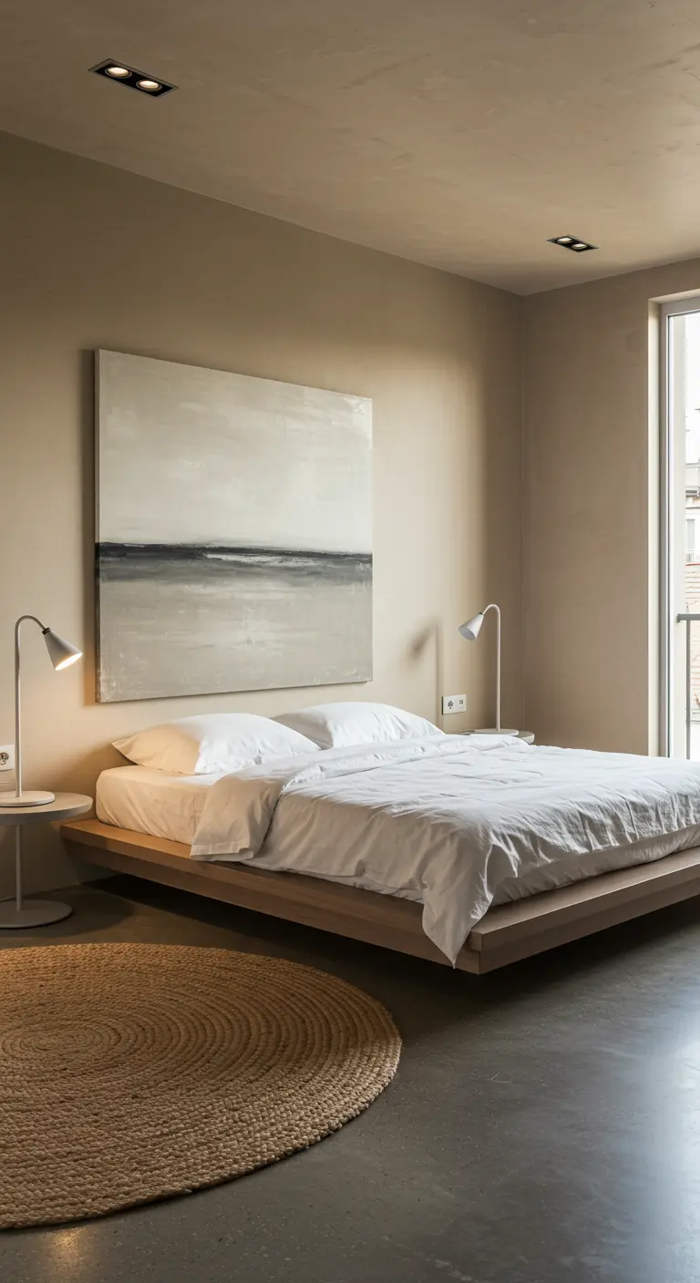 Slaapkamer met beige muren, houten bed, abstract kunstwerk, jute vloerkleed en witte lampen.