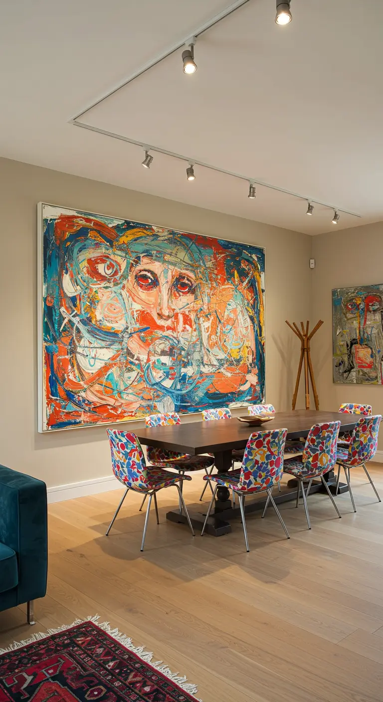 Eethoek met zeer groot kleurrijk abstract schilderij aan de muur en stoelen met print.