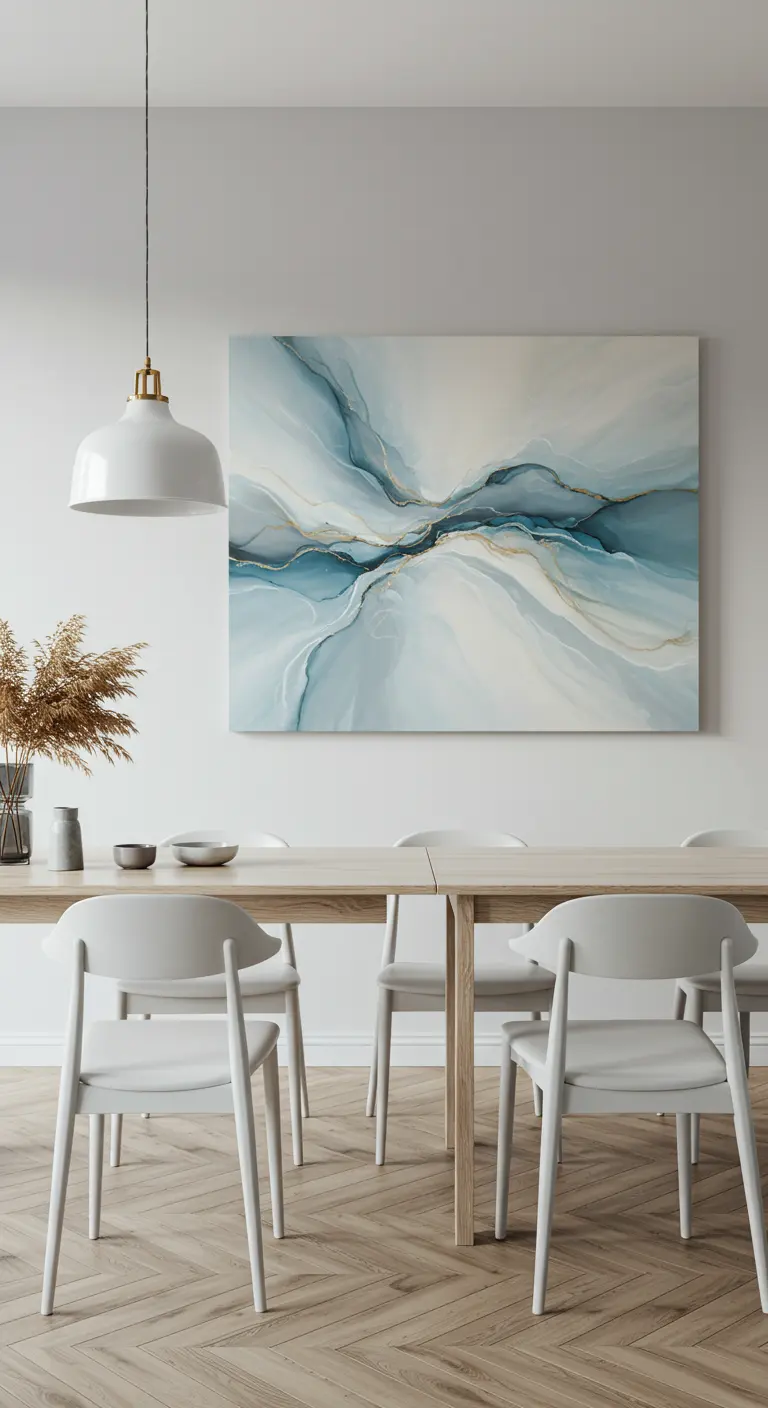 Eetruimte met lange houten tafel en groot abstract blauw-wit kunstwerk.