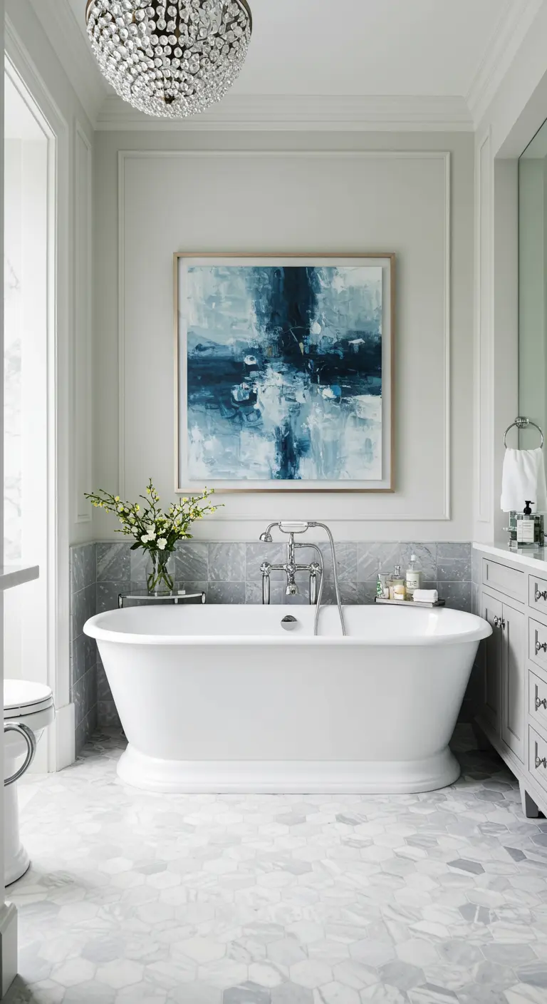 Vrijstaand bad met een groot abstract blauw-wit kunstwerk erboven.