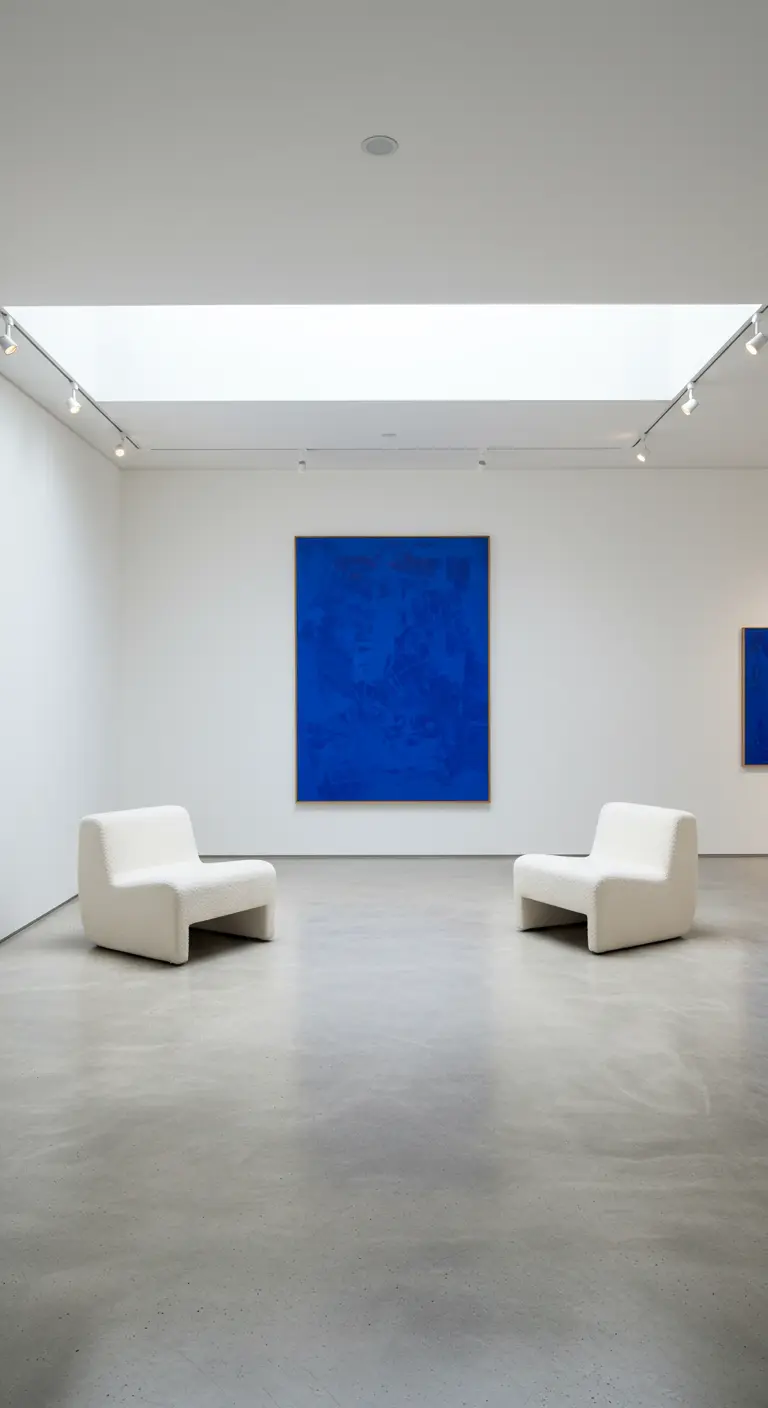 Witte galerij-stijl woonkamer met betonnen vloer, witte stoelen en groot blauw kunstwerk.