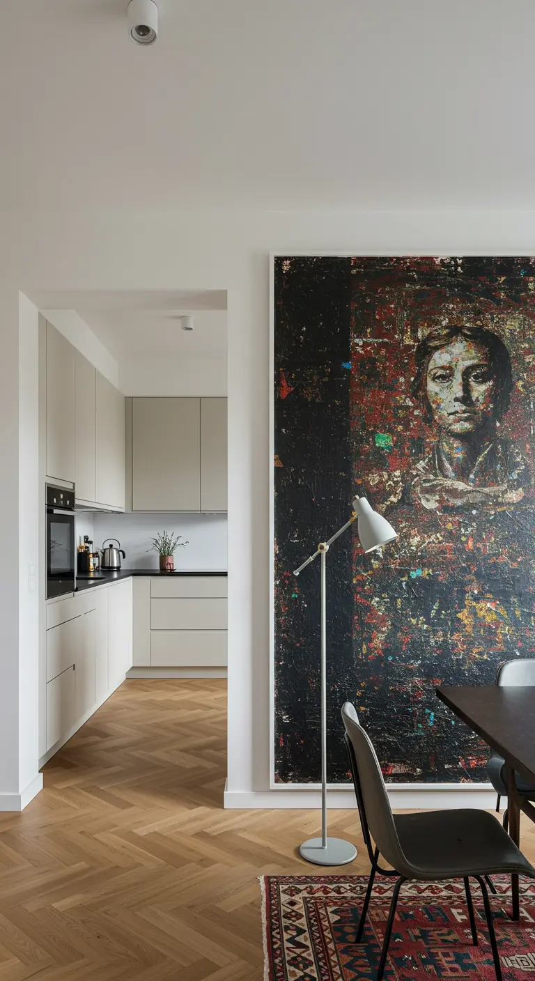 Witte open keuken en eethoek verbonden door een groot, kleurrijk abstract kunstwerk.