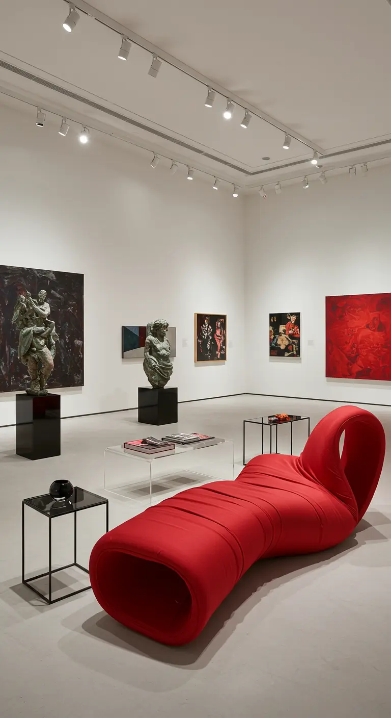 Lange, rode, organisch gevormde sculpturale bank in een witte ruimte die op een kunstgalerie lijkt.