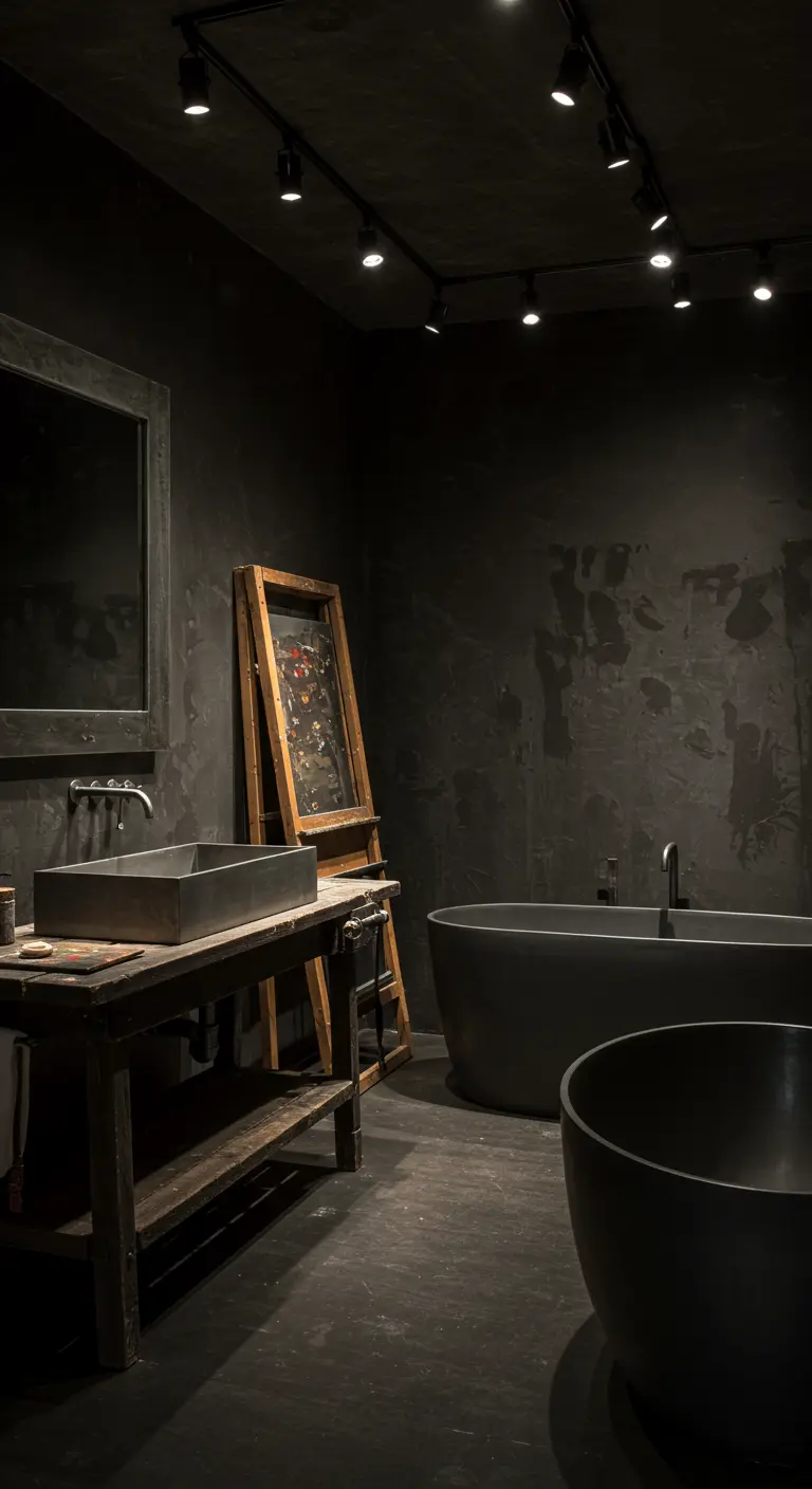 Donkere industriële badkamer met kunst op ezel, zwarte wastafel en ovaal bad.